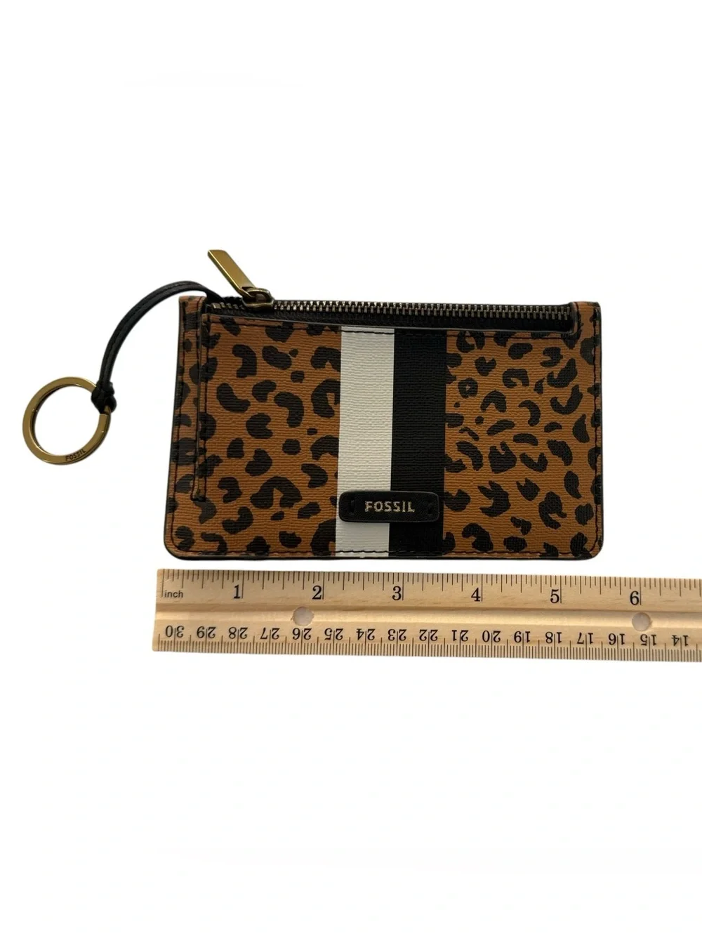 Fossil Leopard Black White Stripe Zip Card Holder Gold Keyring